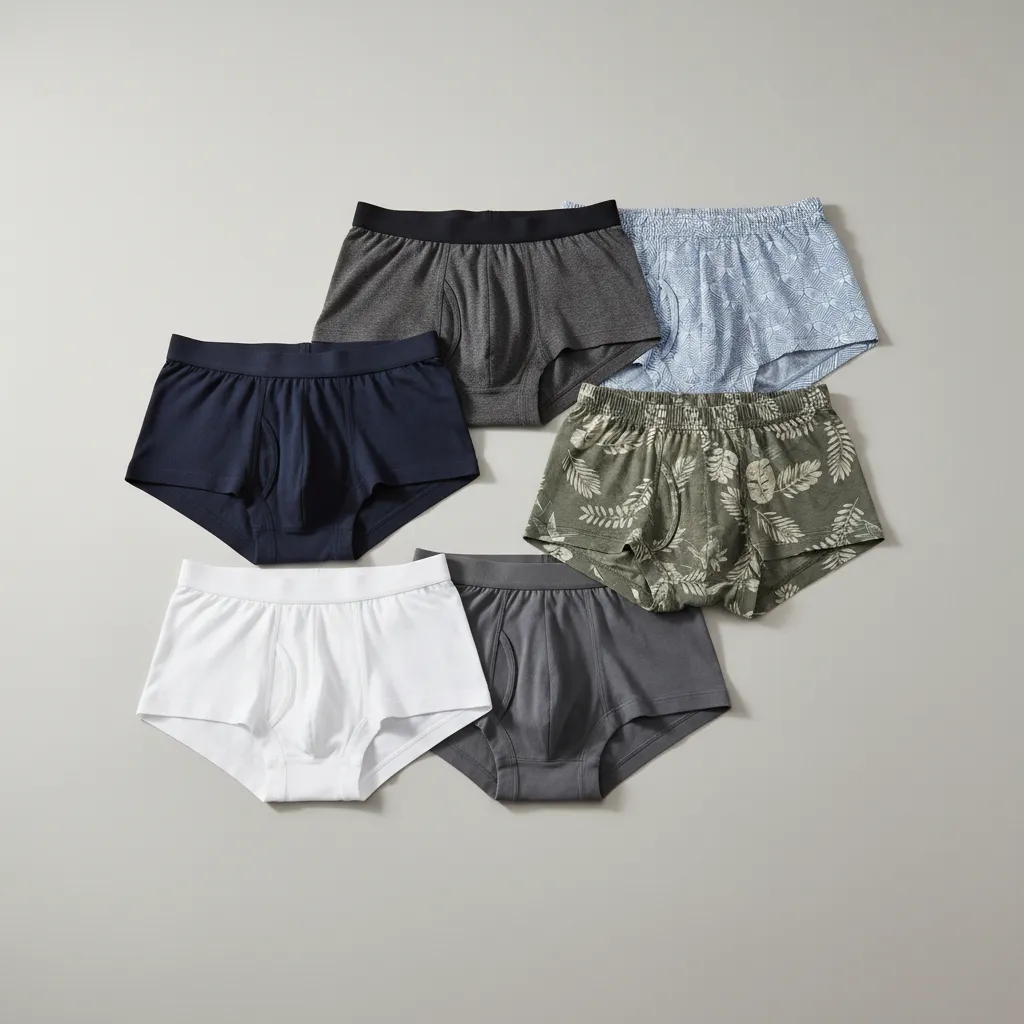 Six pairs of men underwear in various colors and patterns laid on light grey background