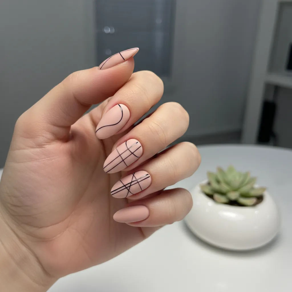 Uñas con diseño minimalista de líneas finas sobre fondo claro