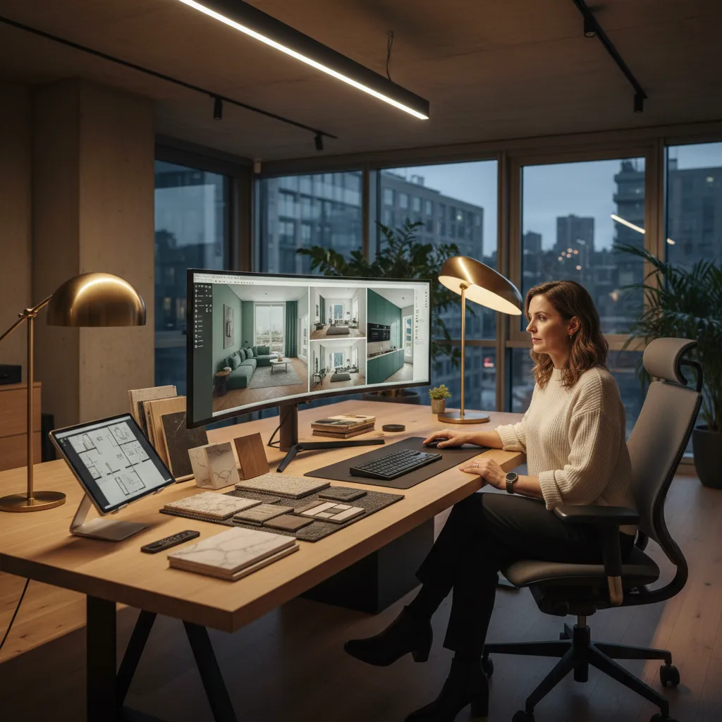 Professional woman sitting at wooden desk using large monitor to create interior design room layouts