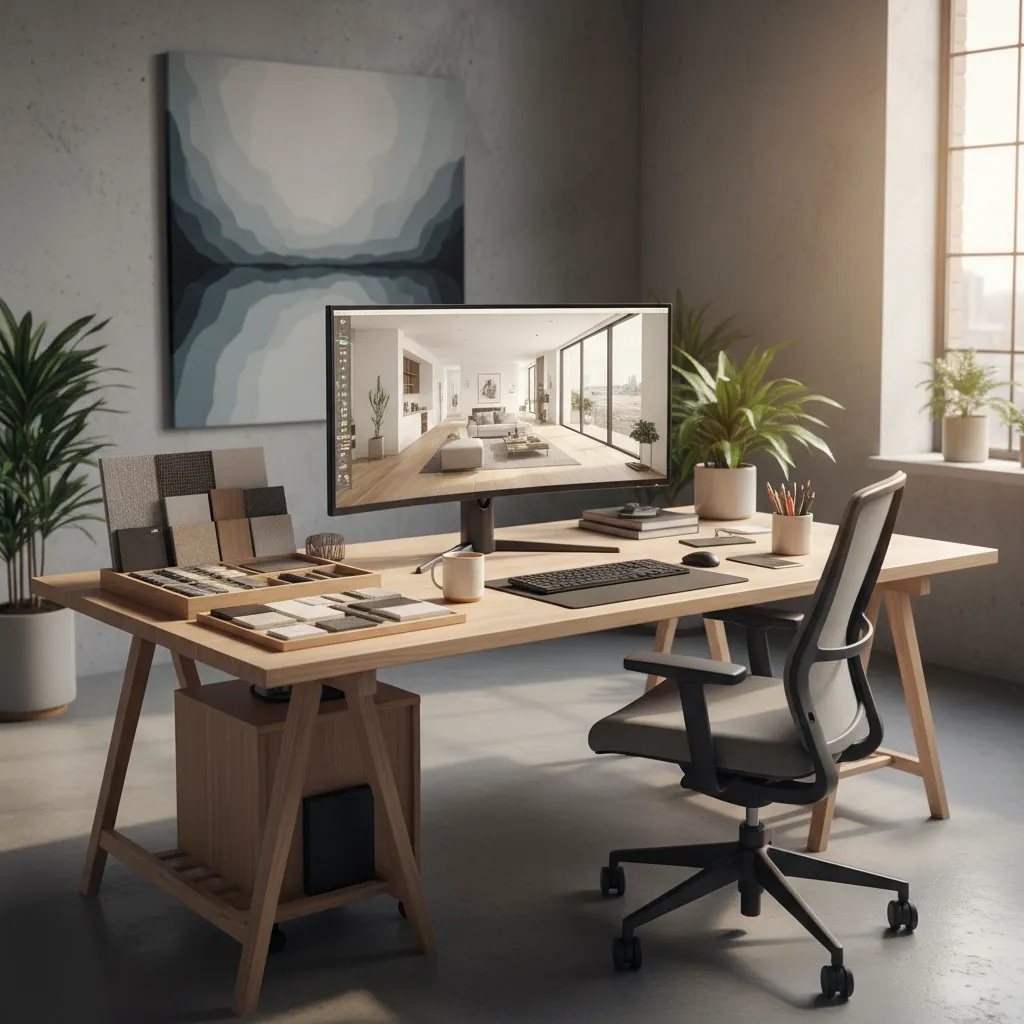 Diseñador de interiores trabajando con software de diseño en un estudio