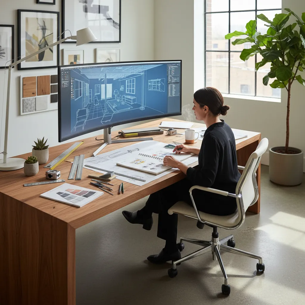 Diseñador de interiores trabajando con planos CAD en ordenador