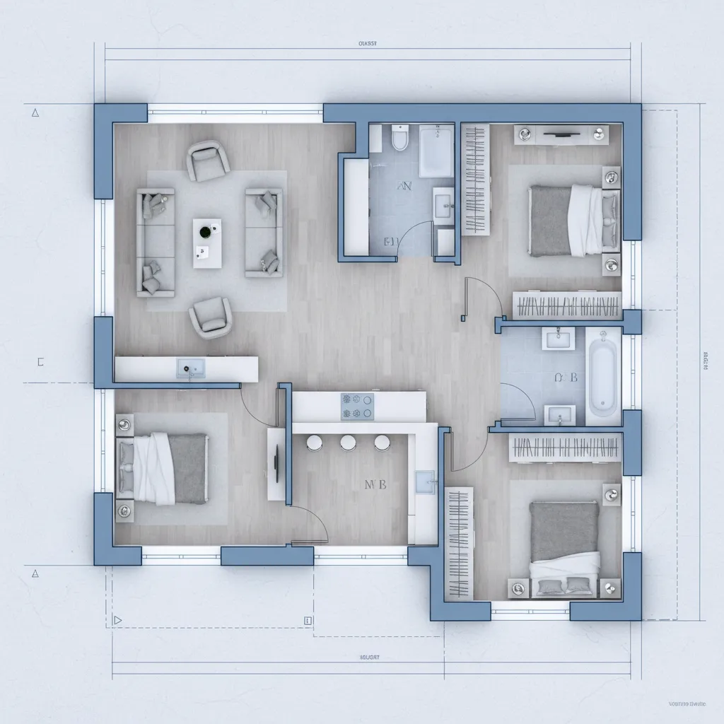 diseño de distribución de vivienda mostrando varias habitaciones conectadas