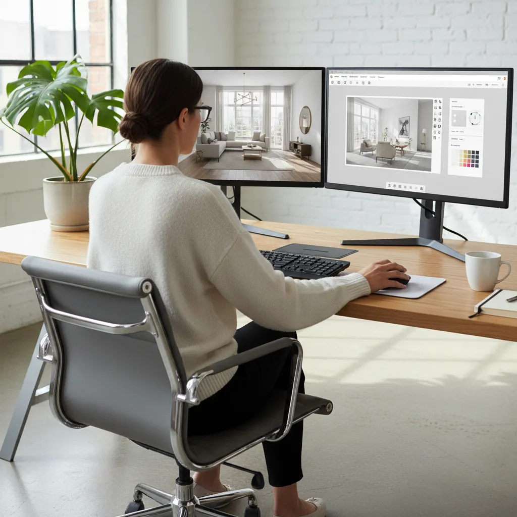 Diseño de interiores digital en ordenador con modelo 3D