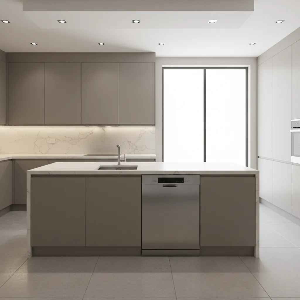 Modern kitchen with grey cabinets, marble backsplash and kitchen island with sink plus silver dishwasher
