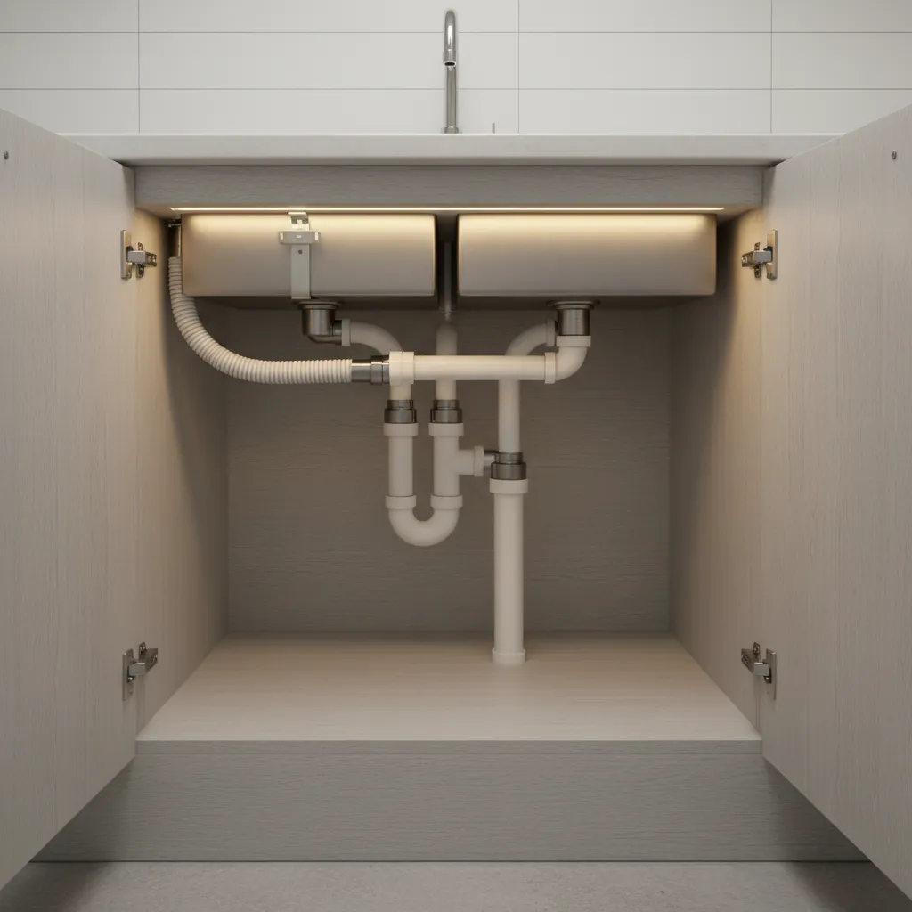 dishwasher drain hose installed in a high loop under kitchen island sink