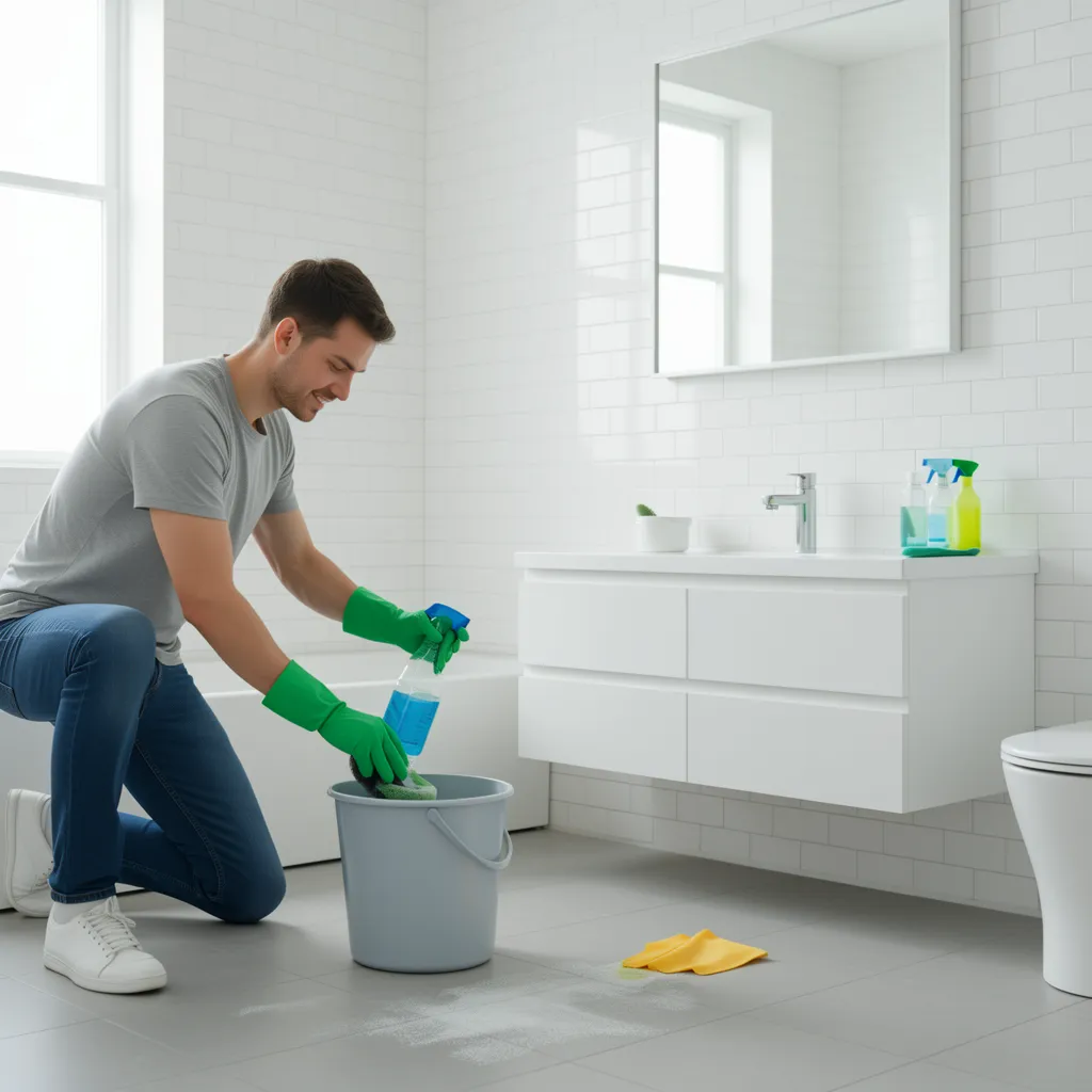Person disinfecting a plastic bathroom bucket with cleaning spray and brush