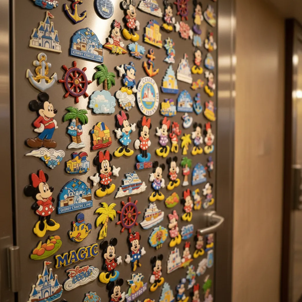 Close up of Disney themed magnetic decorations on a cruise cabin door