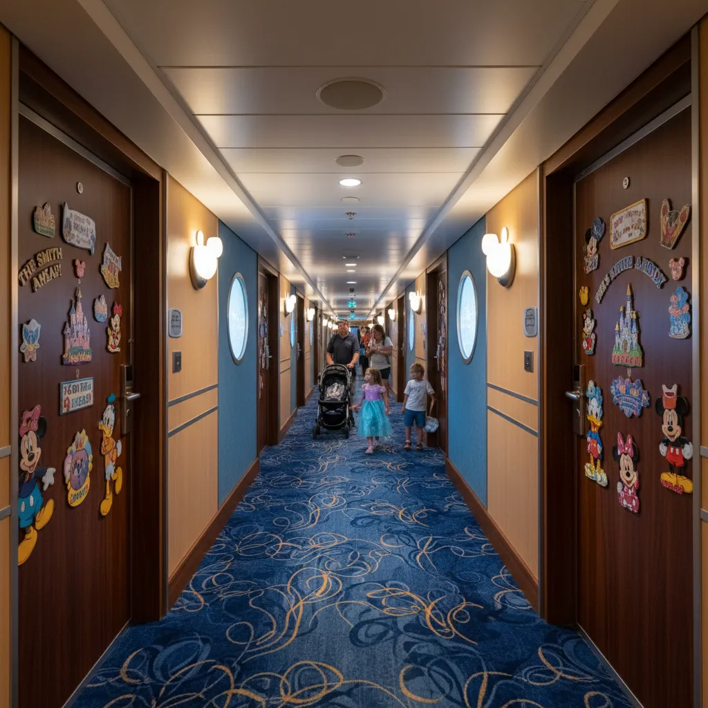 Disney cruise ship hallway with several decorated stateroom doors using magnets