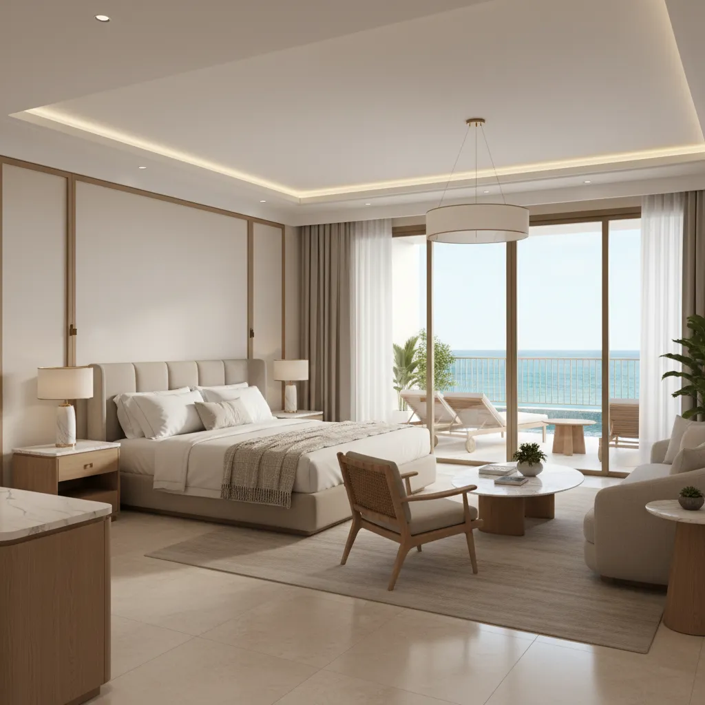 spacious Disney deluxe resort room with seating area and balcony doors