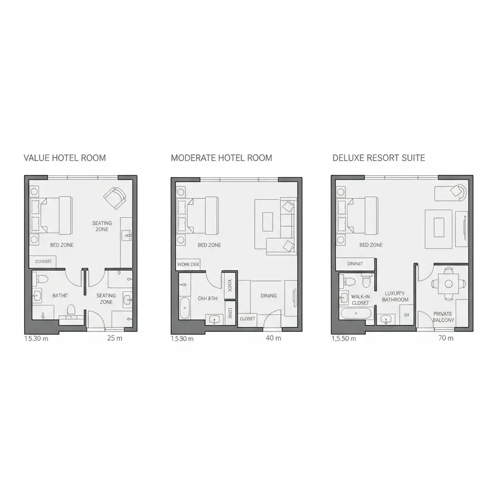 floor plan comparison of value moderate and deluxe disney resort room layouts