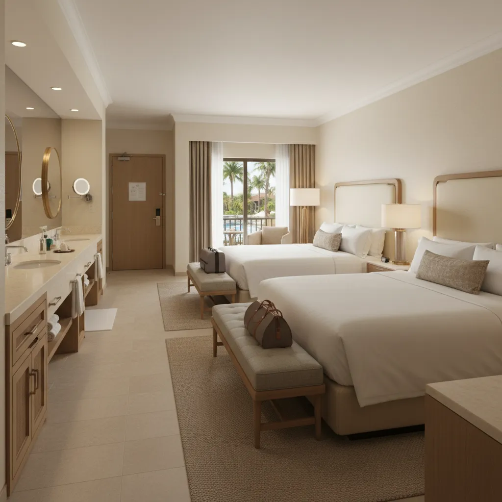 moderate Disney resort hotel room with improved spacing and split bathroom layout