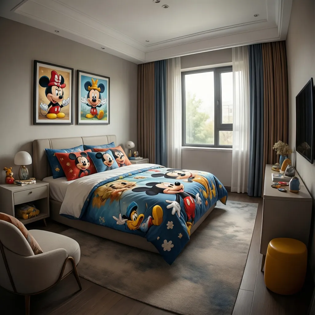 disney themed bedroom with coordinated bedding wall art and neutral furniture