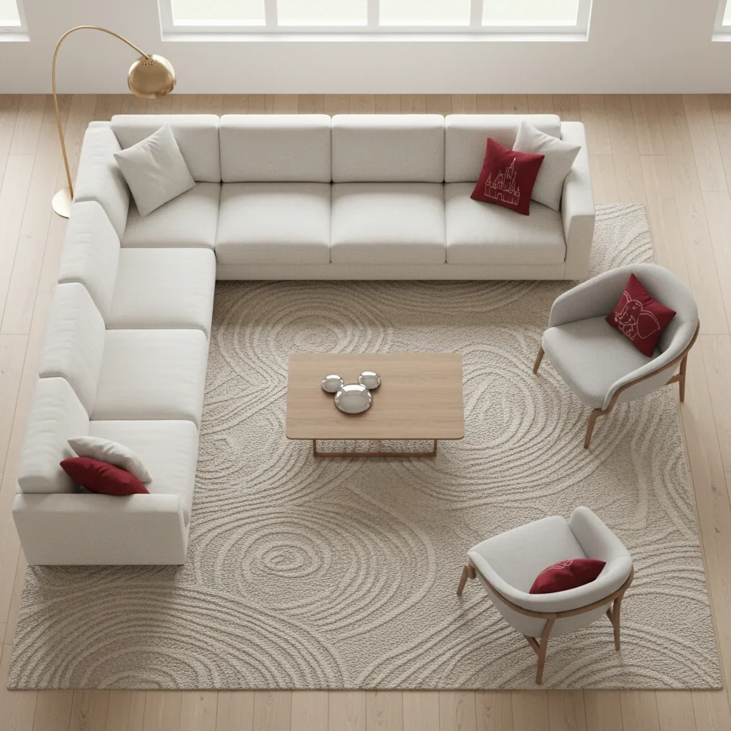 living room layout showing balanced Disney themed furniture placement