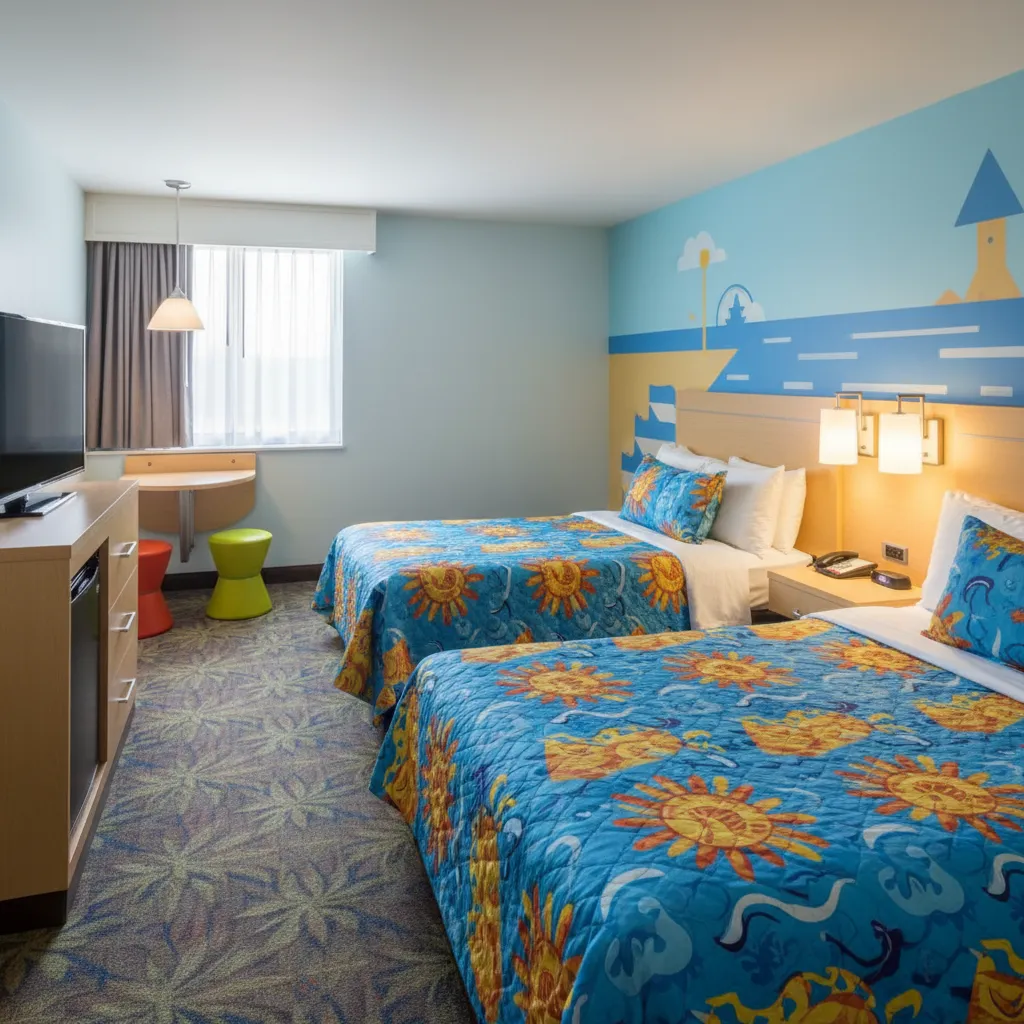 compact layout of a Disney value resort hotel room with two beds and small table