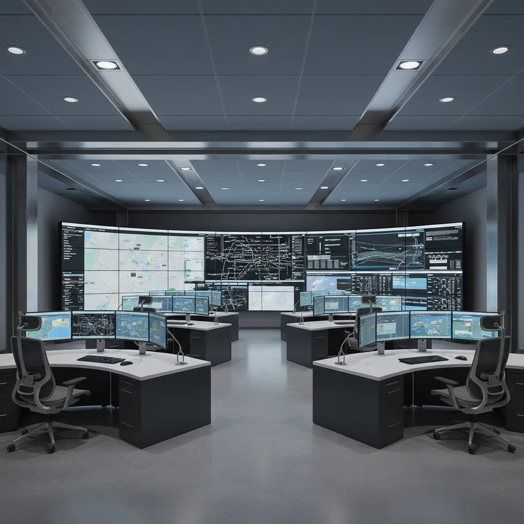 Overview of a professional dispatch control room with operator desks facing a video wall
