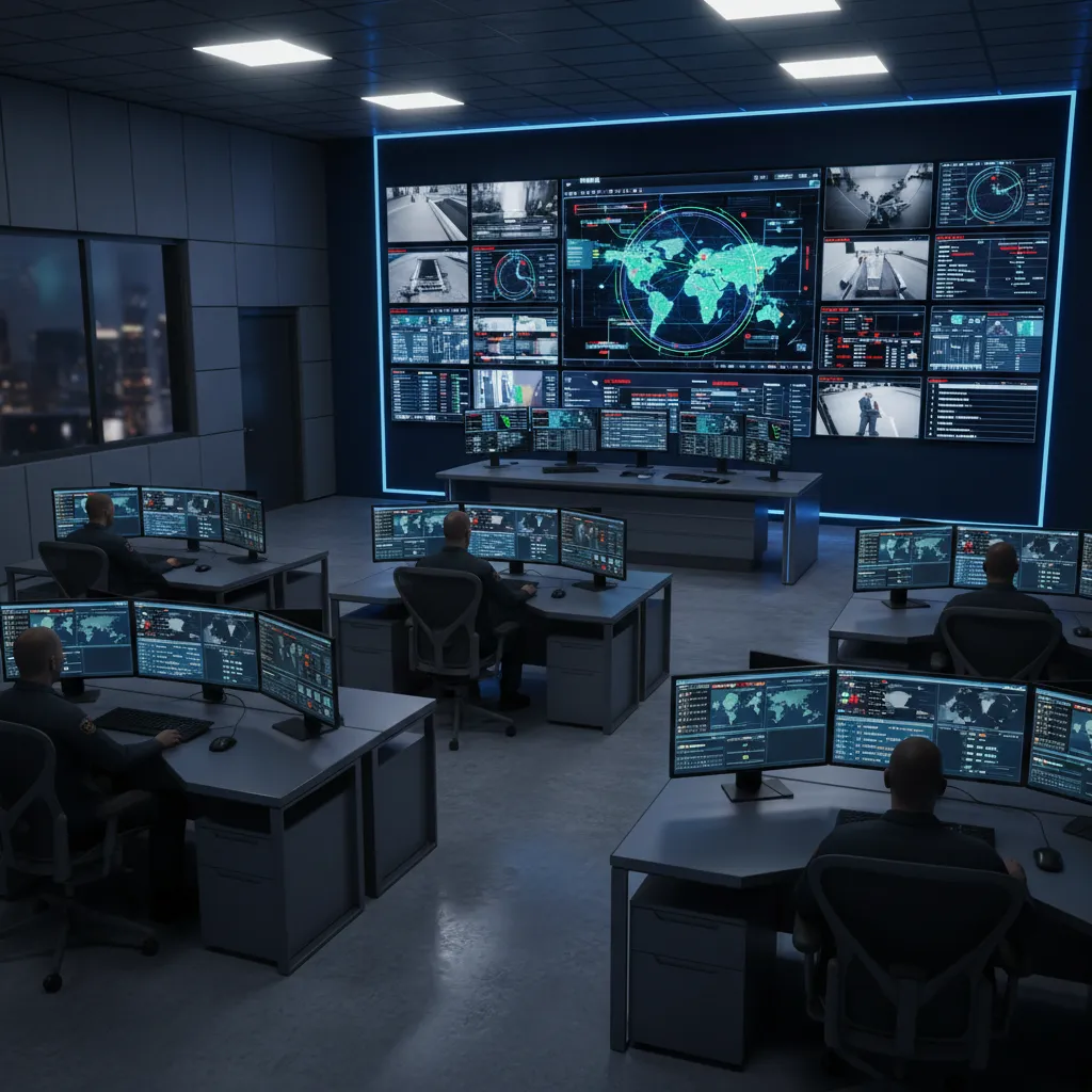 Professional dispatch center interior with multiple operator desks and central monitoring screen wall