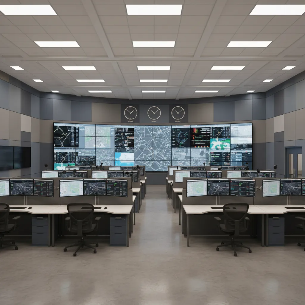 Wide overview of dispatch center layout with aligned operator stations and central monitoring wall
