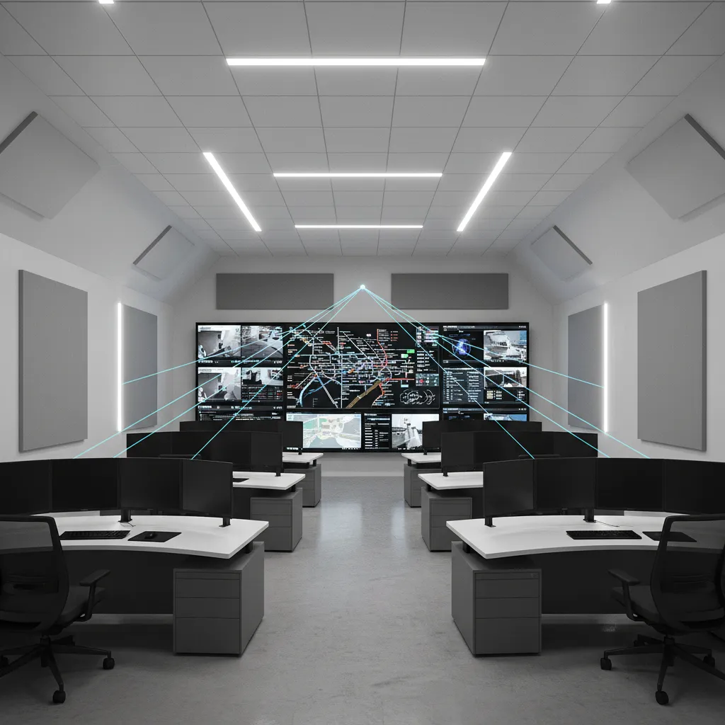 Dispatch room layout showing sightline angles between operator desks and large screen wall