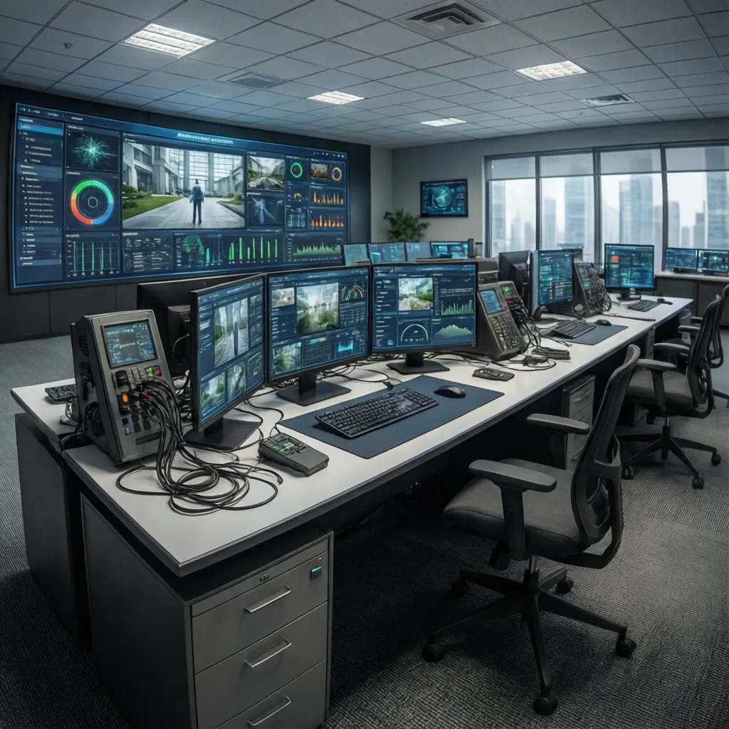 Modern dispatch center showing integrated monitoring systems and ergonomic operator stations