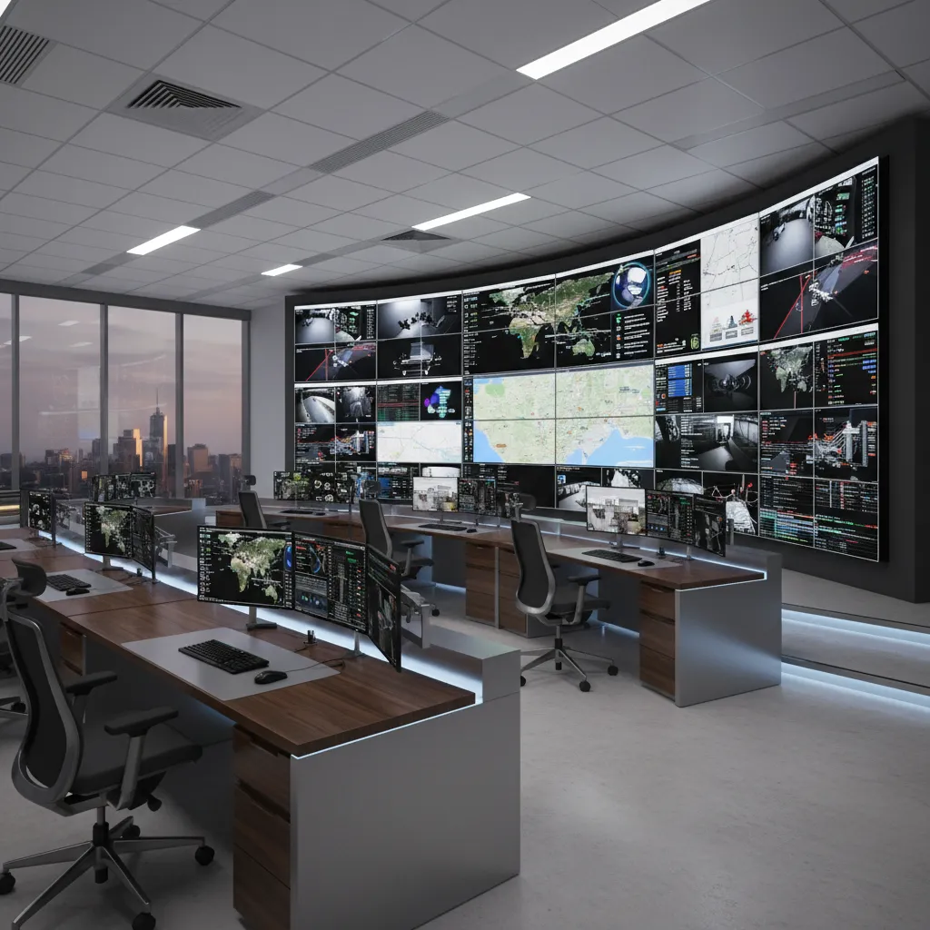 Emergency dispatch room with centrally positioned video wall and angled workstations