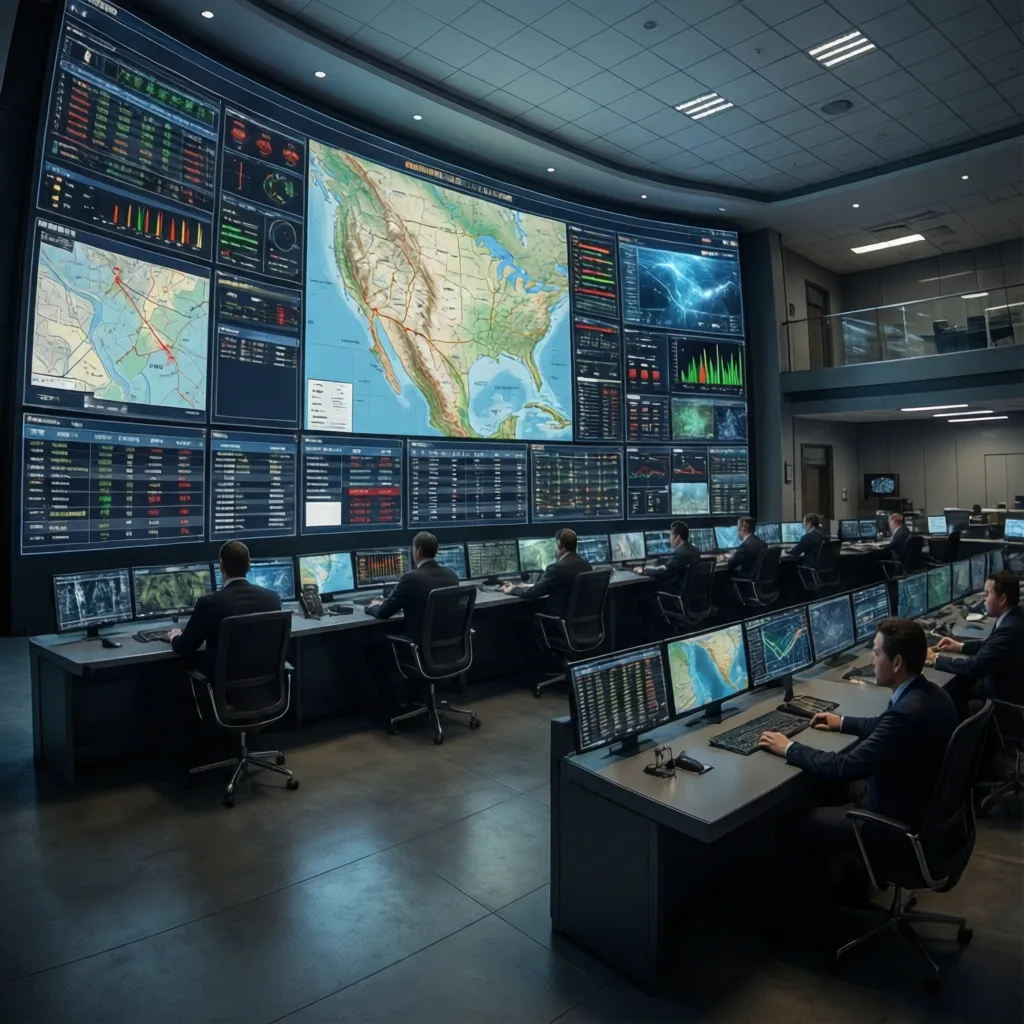 Large video wall displaying real time dashboards for situational awareness in dispatch room