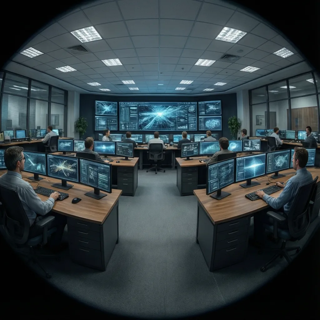 Control room workstation layout showing ergonomic spacing and circulation paths