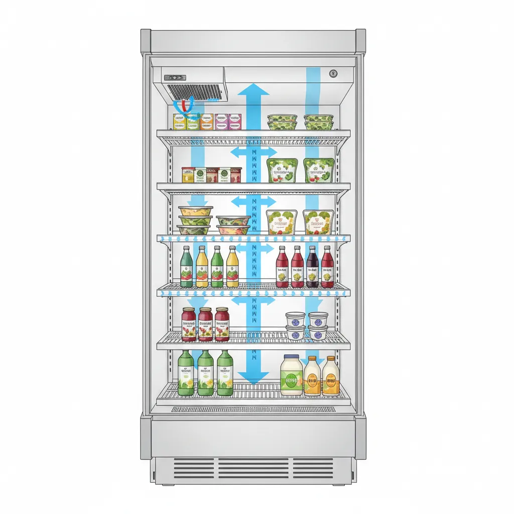 Cutaway visualization showing airflow inside a refrigerated display cabinet