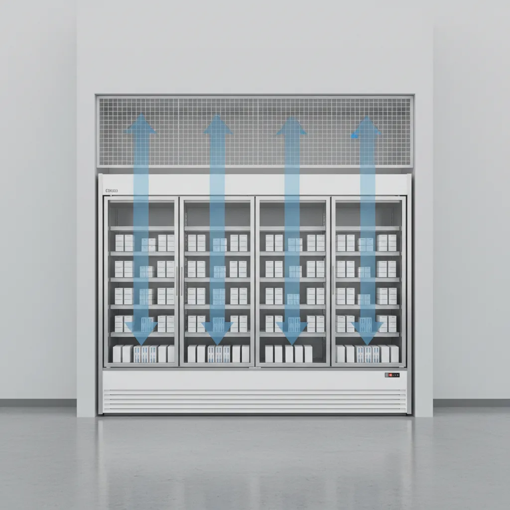 visual explanation of airflow and ventilation space behind a refrigeration cabinet