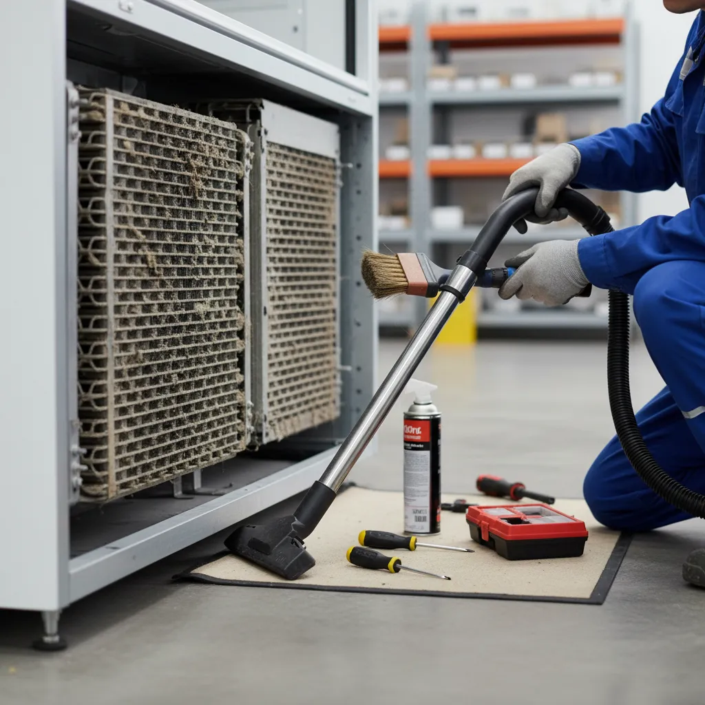 Cleaning condenser coils of a commercial display refrigerator
