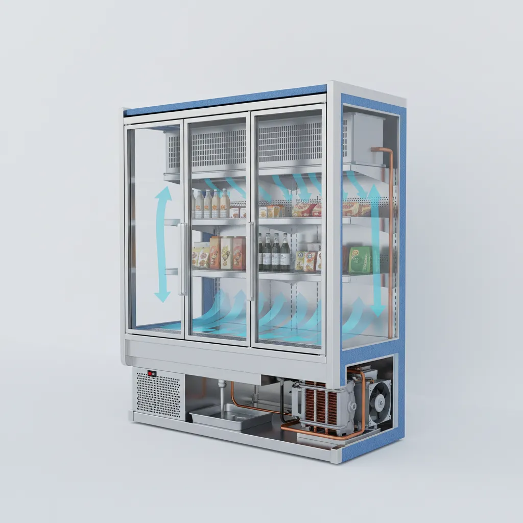 Cutaway view of commercial display cabinet showing insulation compressor and airflow design