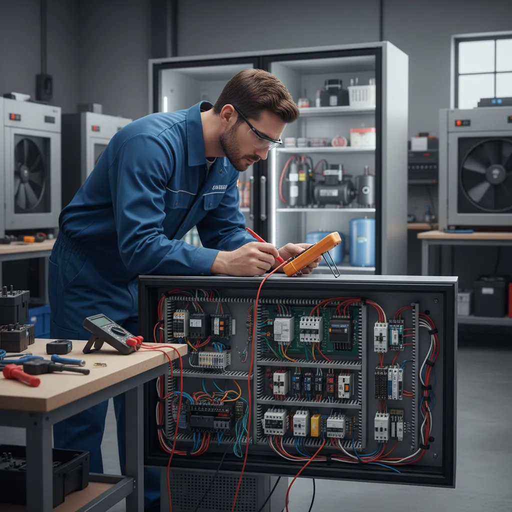 Technician checking electrical connections in commercial display refrigerator