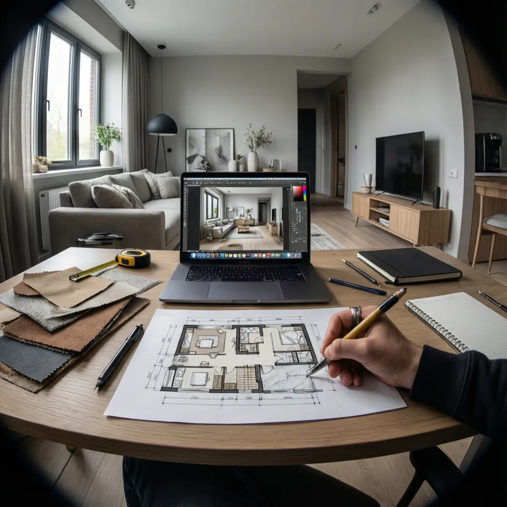 Interior design student studying at home with sketches floor plans and laptop design software