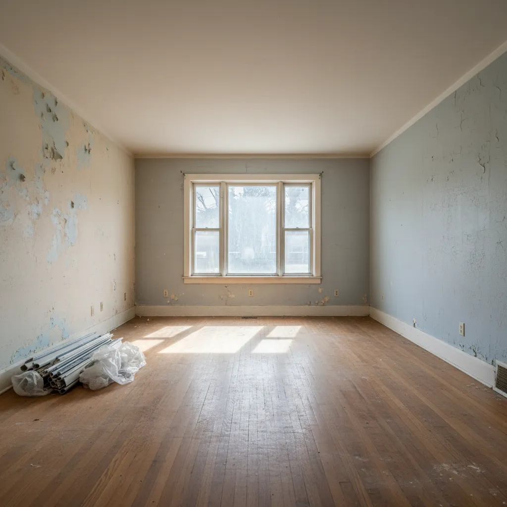 Interior of distressed foreclosed house before renovation