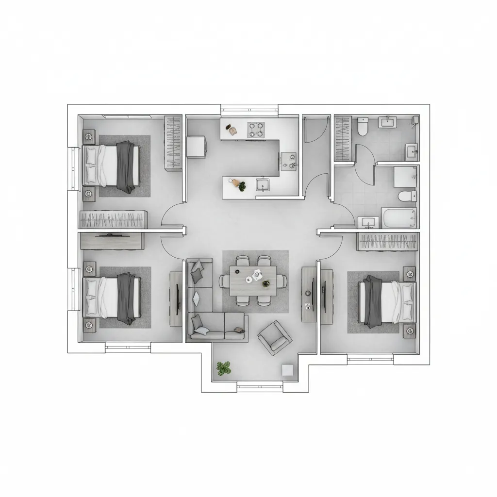 Plano de casa compacta con tres dormitorios y sala integrada