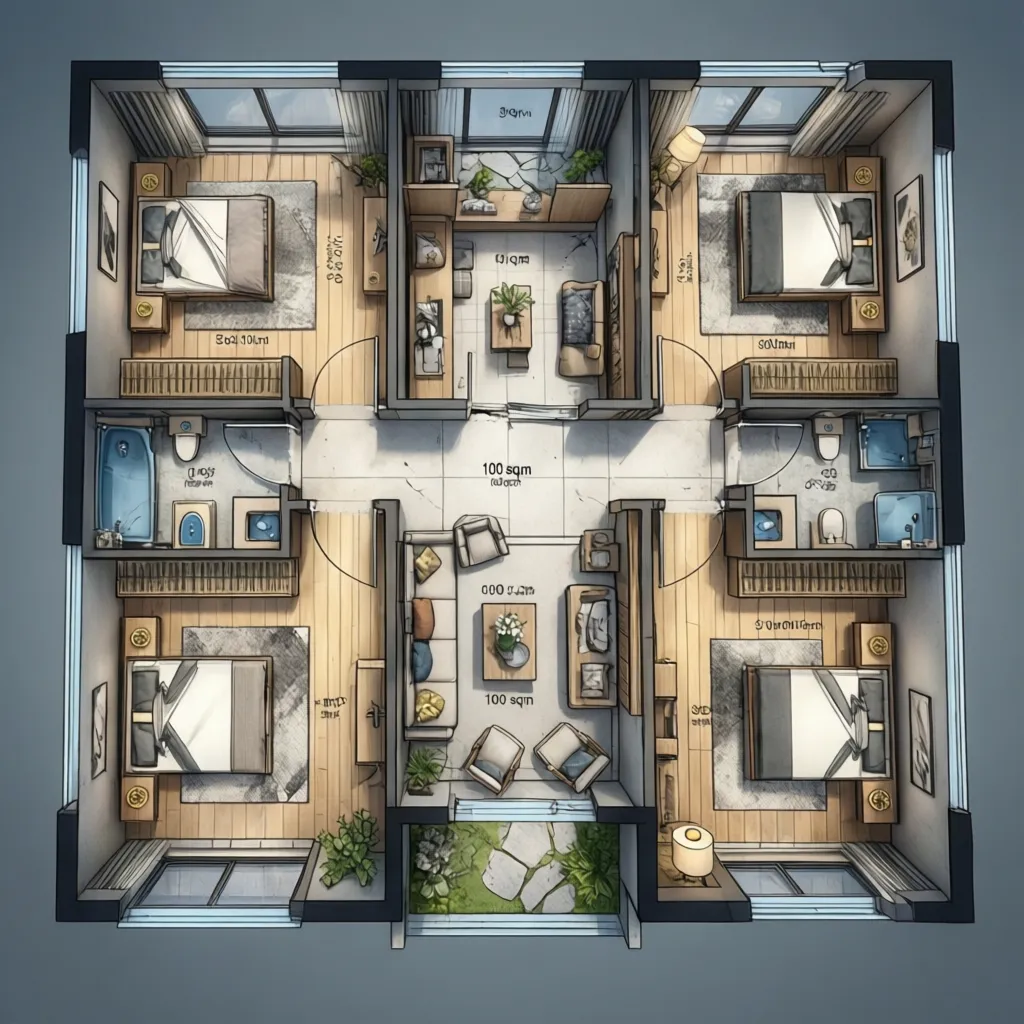 Distribución interior de casa de 100 m2 con tres dormitorios