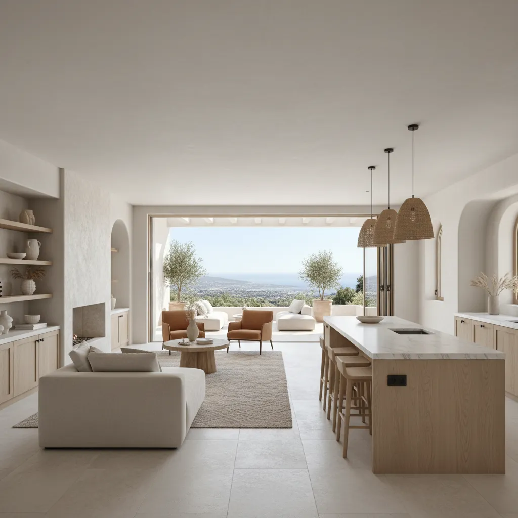 Espacio abierto que conecta cocina y salón en casa mediterránea