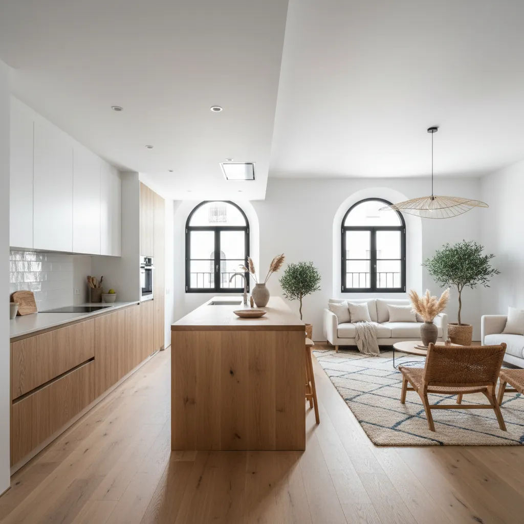 Cocina abierta conectada con el salón en una reforma moderna