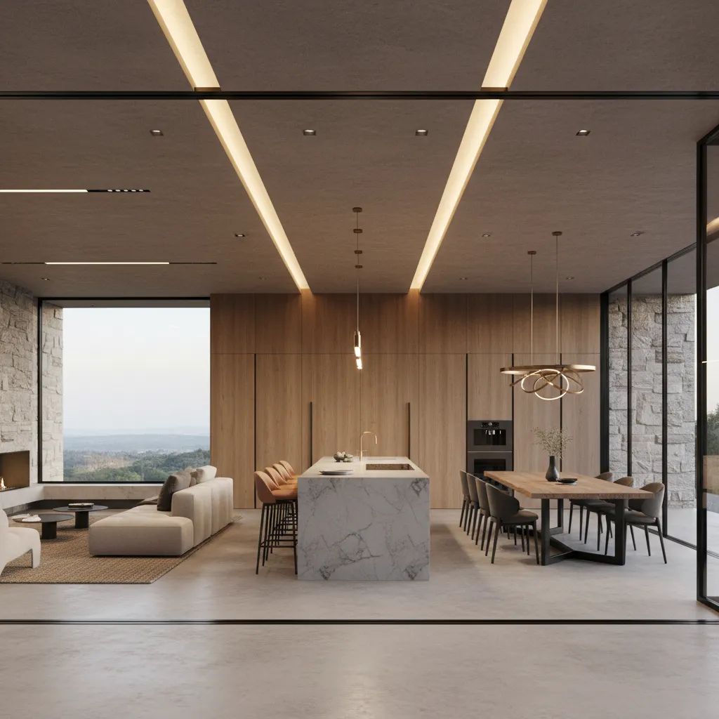 Interior de casa con concepto abierto conectando cocina comedor y sala