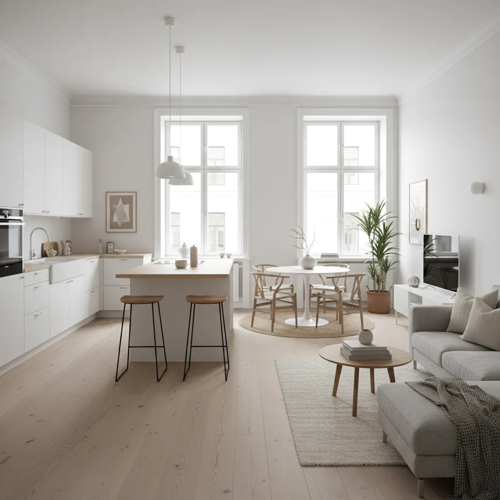 Espacio abierto de cocina y salón en estilo nórdico