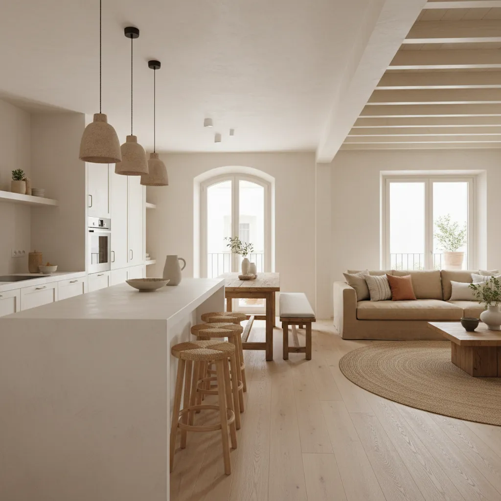 Espacio abierto con cocina y salón integrados en vivienda mediterránea