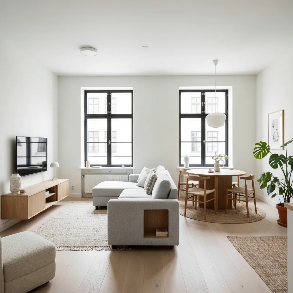 Distribución eficiente de salón y comedor en apartamento pequeño