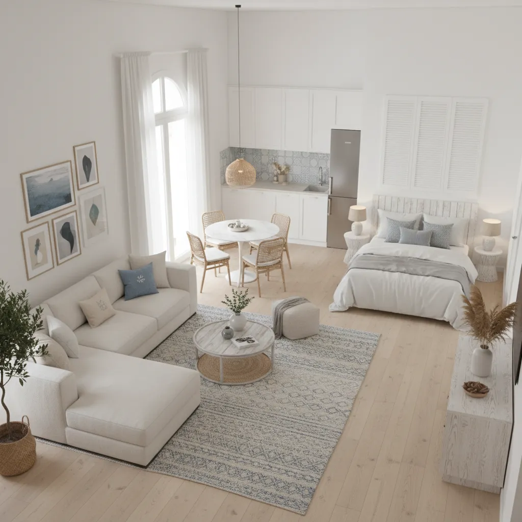 Small studio apartment layout with white sofa kitchen bed dining table and blue patterned rug