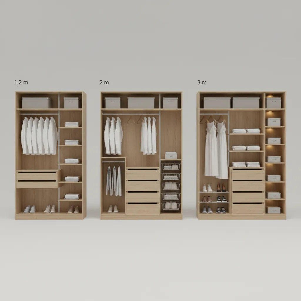 Three wood closet designs showing different widths with hanging clothes drawers shelves and storage boxes