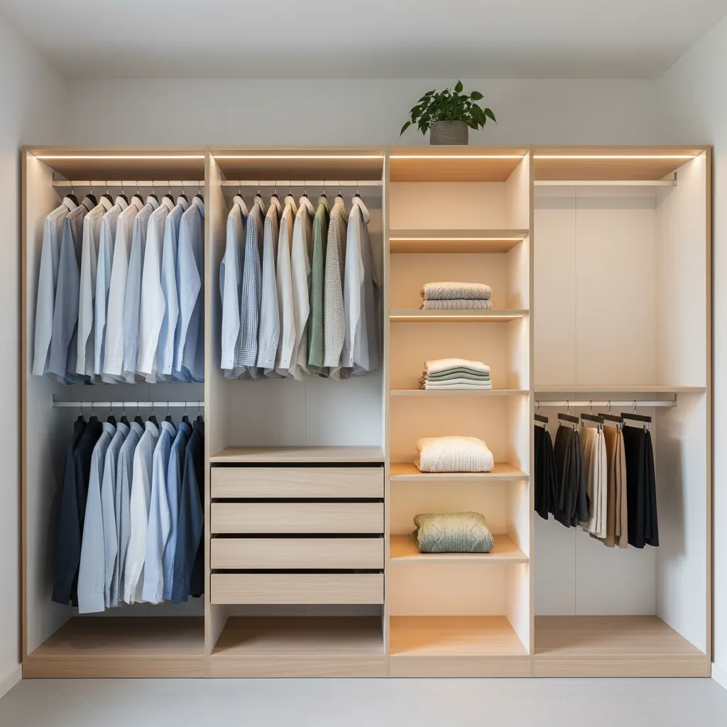 Distribución modular interior de armario con ropa colgada y doblada