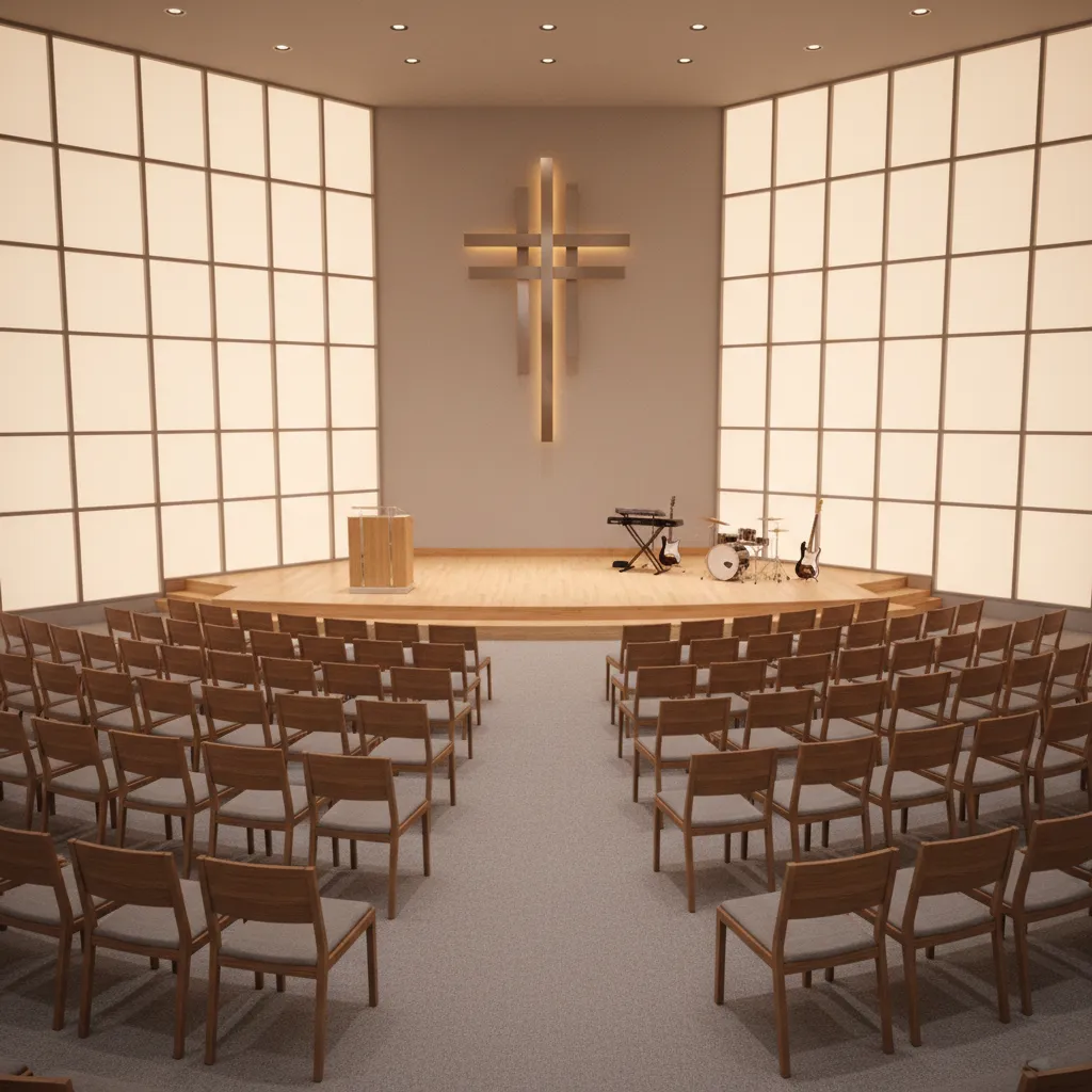 Distribución semicircular de asientos en una iglesia cristiana moderna
