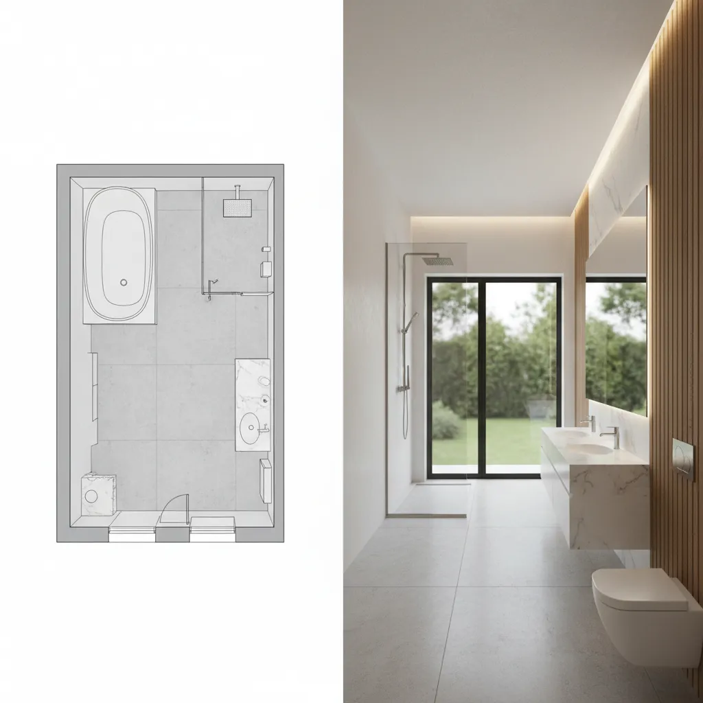 Plano y visualización 3D de la distribución de un baño moderno