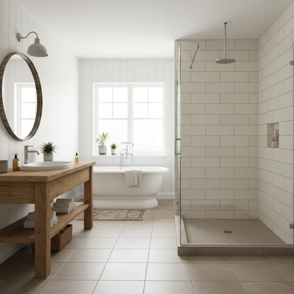Modern bright bathroom with white wall tiles wooden cabinet round mirror white bathtub glass shower