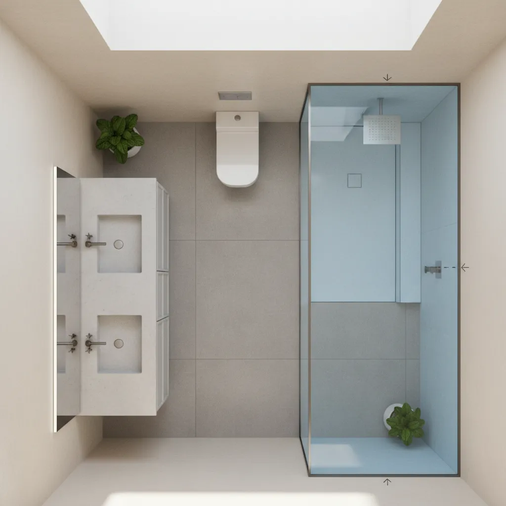 Plano de distribución de baño mostrando lavabo, ducha e inodoro correctamente organizados