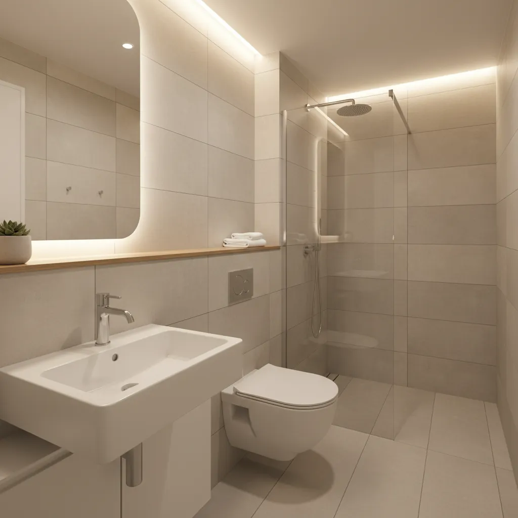 Baño estrecho con distribución lineal de lavabo inodoro y ducha