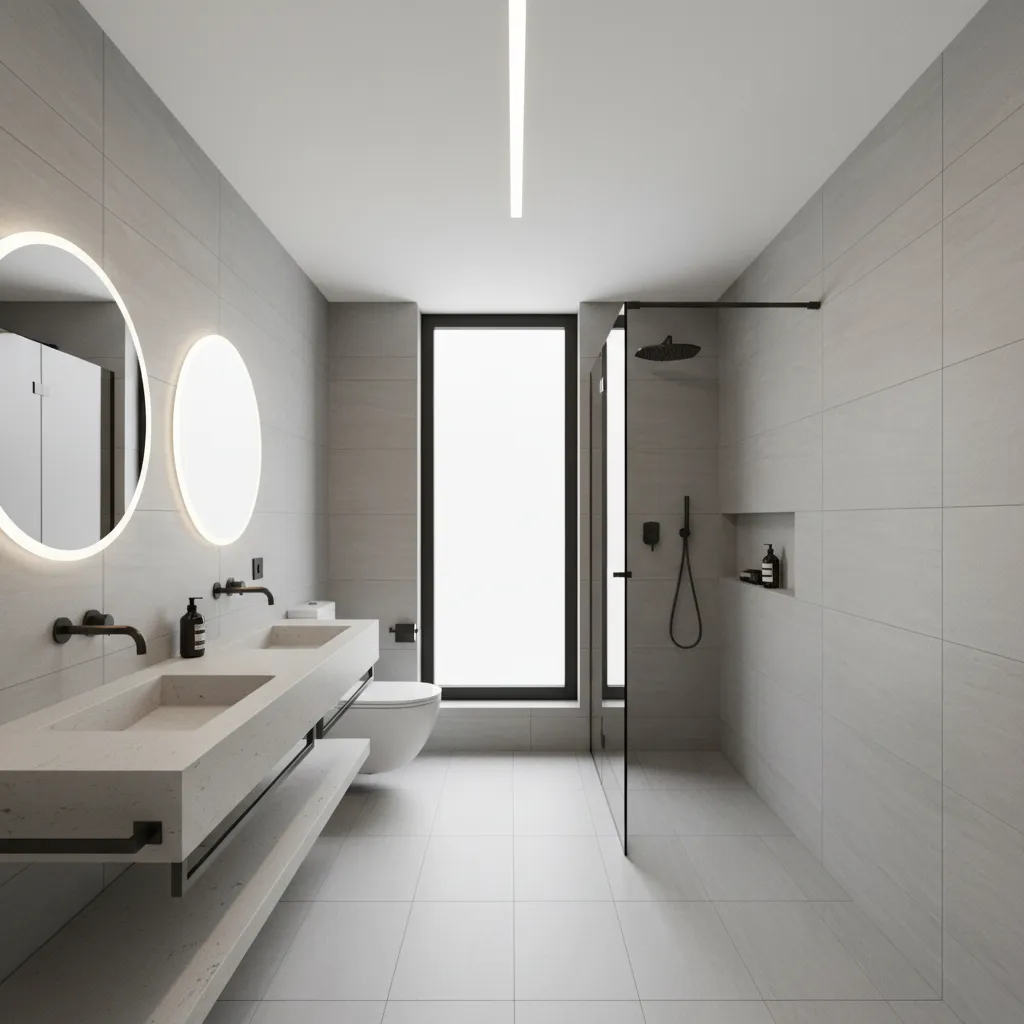 Minimalist grey bathroom with double sink vanity round glowing mirrors toilet glass shower and window